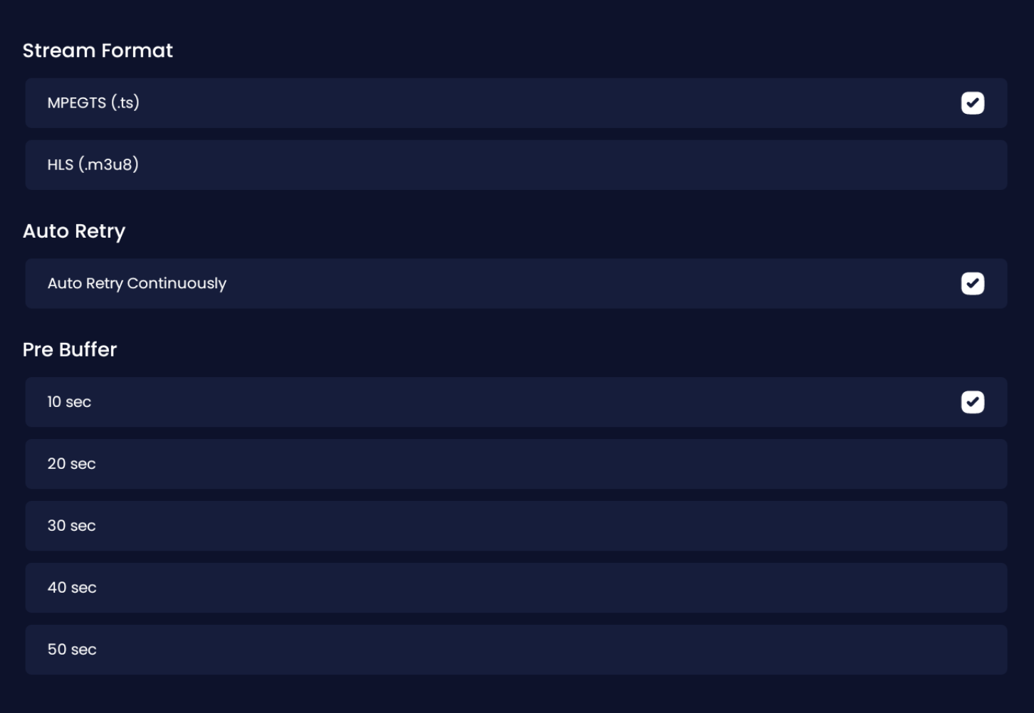 There is no need to change the stream format, however if you currently have slower than normal internet speeds, you can set the Pre Buffer to 40 - 50 seconds to help with any lag issues you are seeing. 